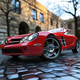 Sleek Red Sports Car in Historic Setting