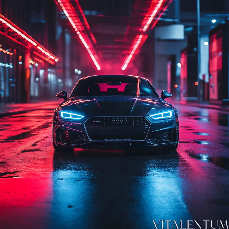 AI ART Black Car in Neon Lit Urban Street