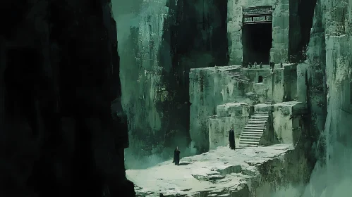 Eerie Ancient Monument with Stairs and Figures