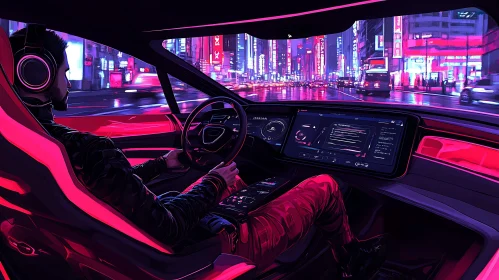 Neon Lit Cyberpunk City from Inside a Futuristic Car