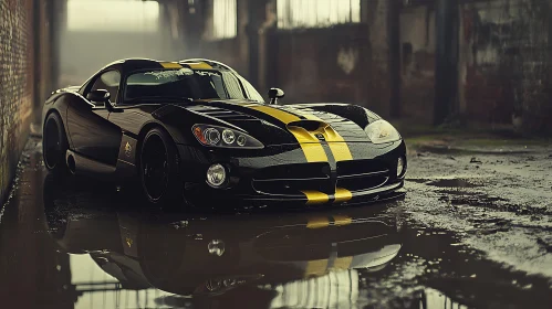 Black Sports Car with Reflection in a Moody Setting