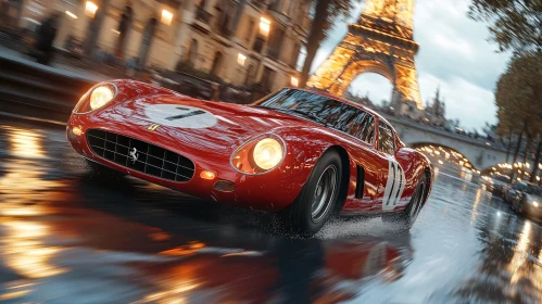 Ferrari Racing Through Parisian Night with Eiffel Tower Backdrop