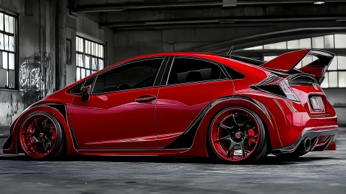 Modified Red Automobile in Garage Setting
