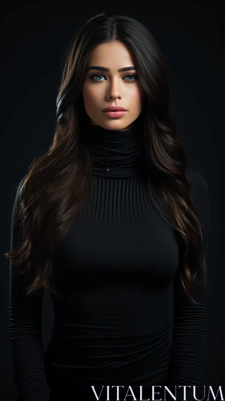 Captivating Woman with Long Hair in Black Turtle Neck Top | Striking Chiaroscuro Effects AI Image
