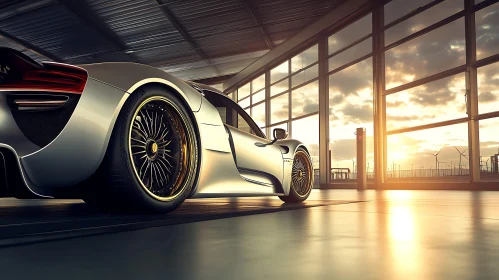 Luxurious Sports Car in Sunset-lit Garage