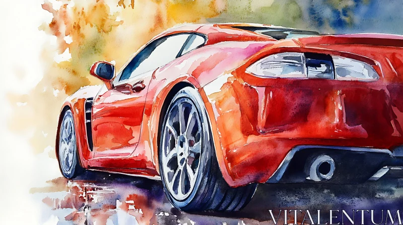 Luxury Red Car in Watercolor Painting AI Image