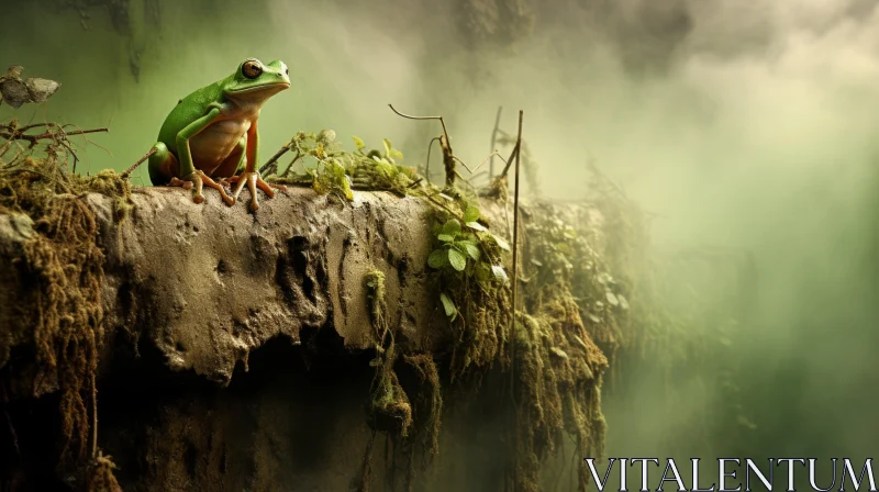 Misty Jungle Vista: A Frog's Dreamlike Perch AI Image