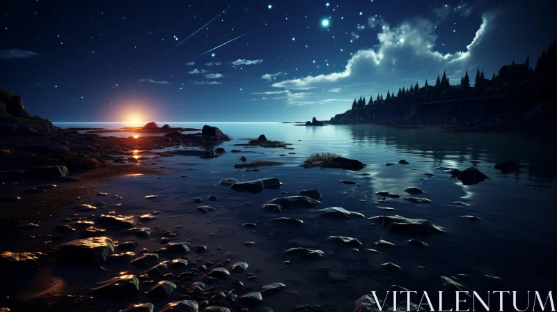 Surreal Nighttime Lakeside Landscape - Starry Sky and Rising Moon Art AI Image