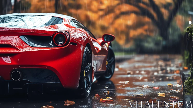 Elegant Red Car in Rainy Fall Setting AI Image