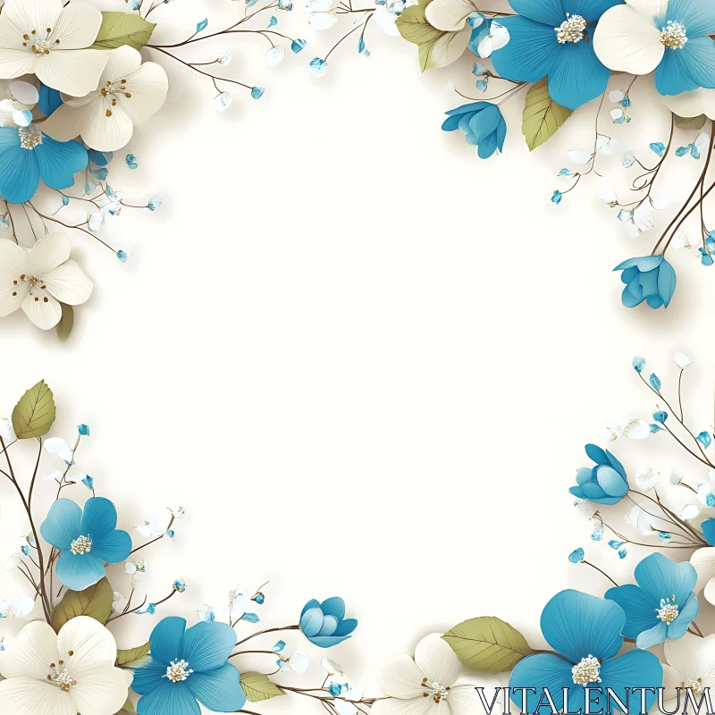 AI ART Elegant Floral Frame with Blue and White Blossoms