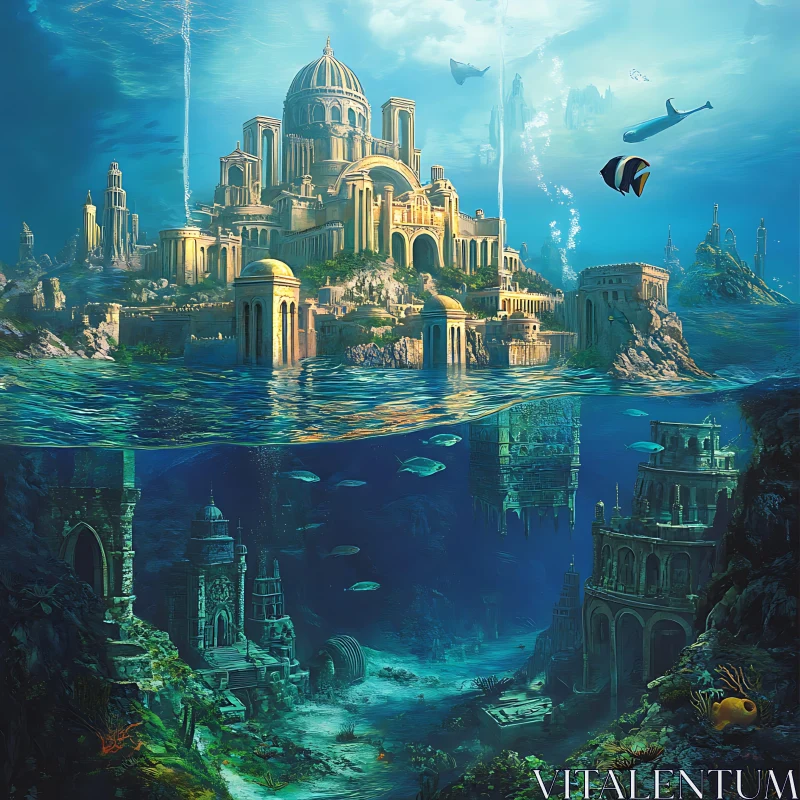 Sunken Cityscape with Marine Life AI Image