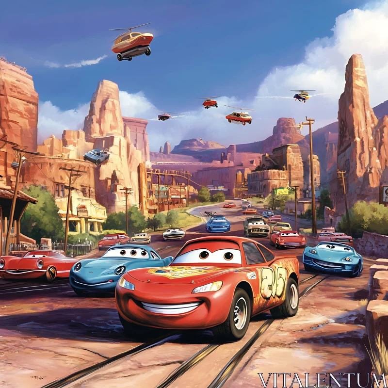 Desert Town Adventure with Animated Cars AI Image