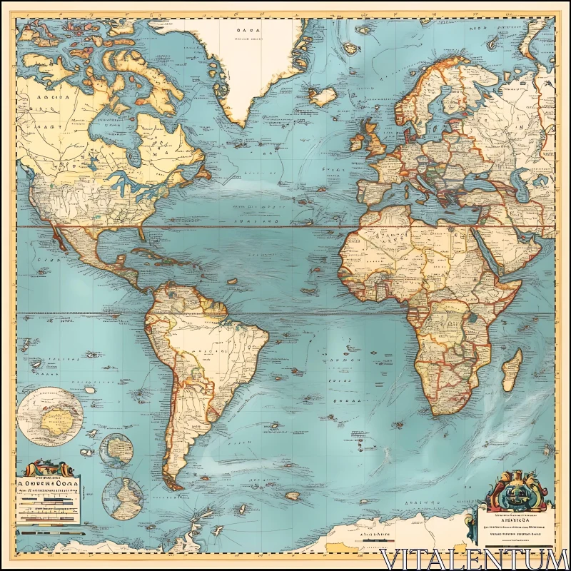 Antique World Map with Detailed Cartography AI Image