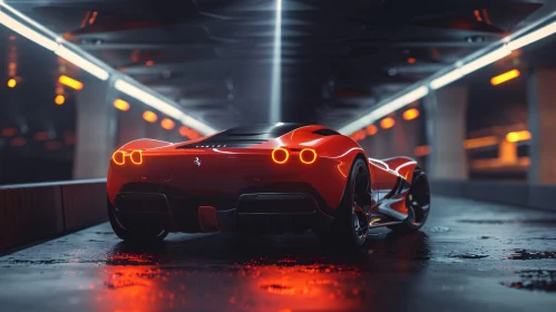 Red Supercar in a Modern Tunnel