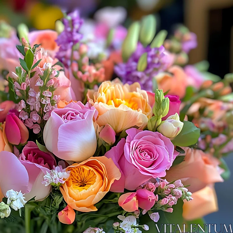 AI ART Exquisite Floral Arrangement in Pink, Peach, and Yellow Hues