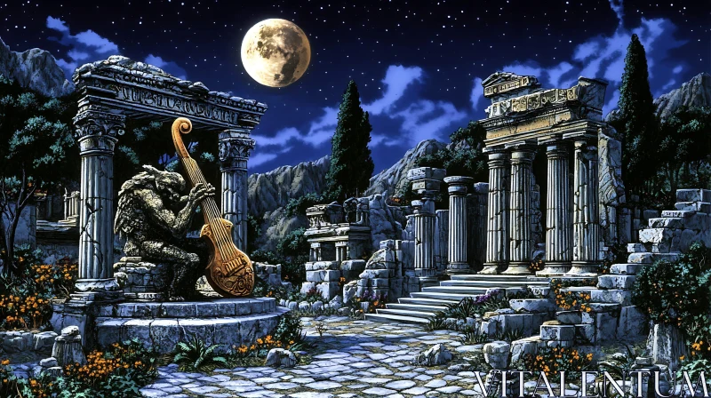 Moonlit Ancient Ruins with Lyre Statue AI Image