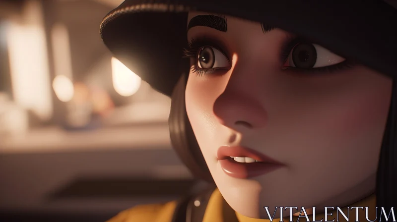 Captivating Animated Girl with Dark Hair and Yellow Cap | Vintage Cinematic Style AI Image
