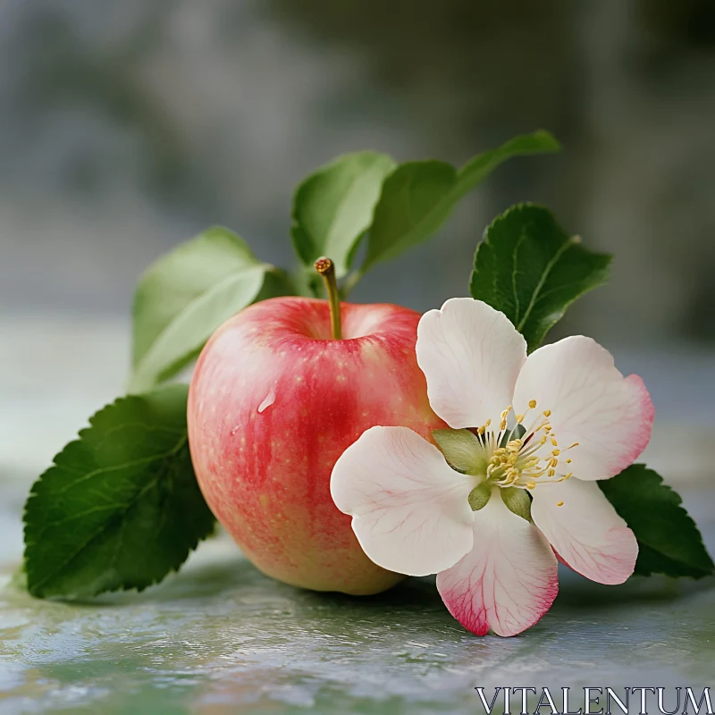 Red Apple with White Flower and Green Leaves AI Image