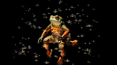 Humorous Frog Jumping into a Sea of Bubbles - Photorealistic Wildlife Art