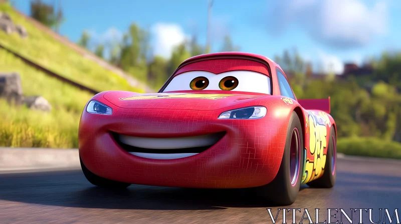 Smiling Red Cartoon Car in Action AI Image