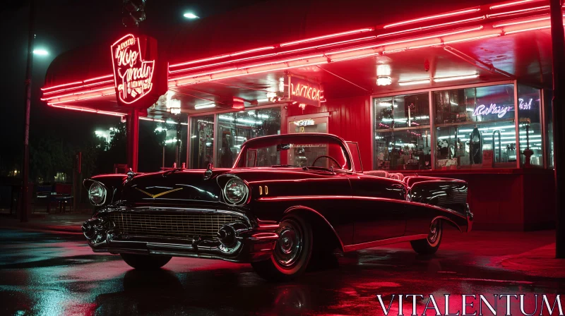 Classic Car at Night with Neon Diner AI Image