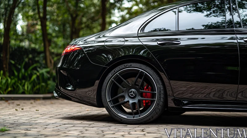 Glossy Black Car in Green Surroundings AI Image