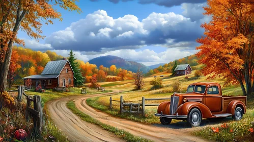 Autumn Countryside with Cabin and Vintage Truck