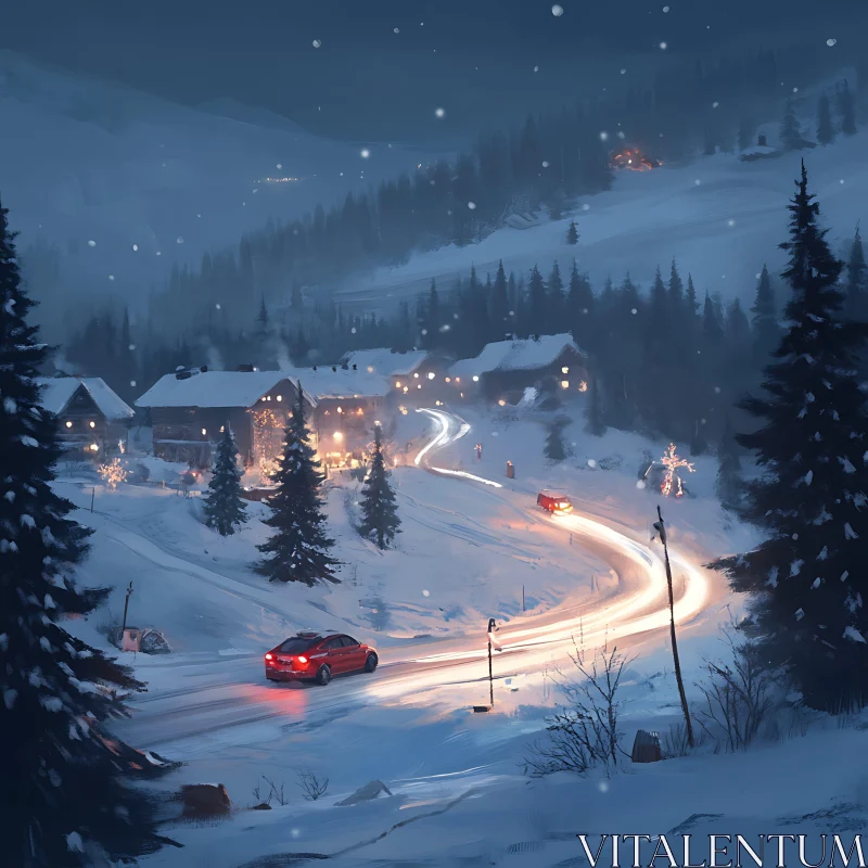 Tranquil Snowy Village at Night AI Image