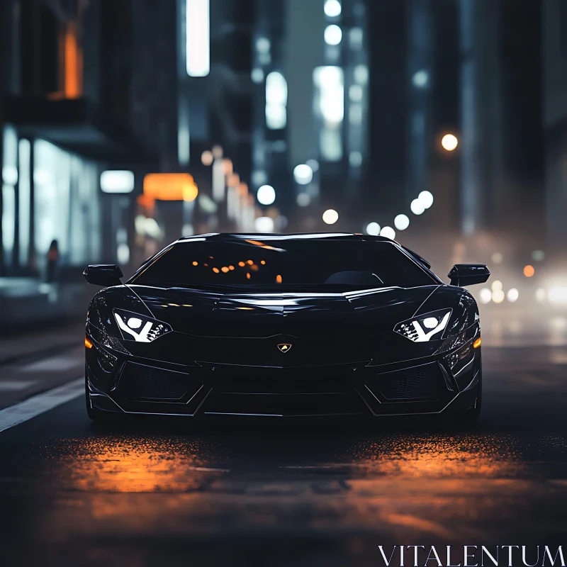 Sleek Black Luxury Car in Nighttime Urban Setting AI Image