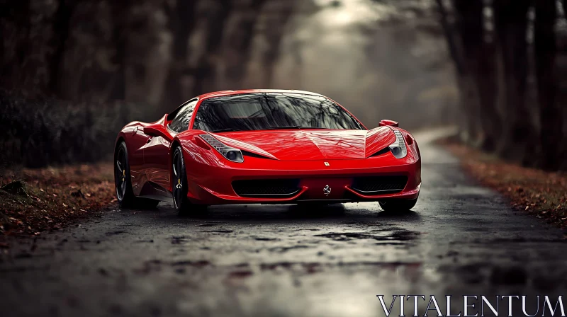 Sleek Red Sports Car in Forest AI Image