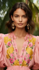Fashion: Model in Pink Dress with Gold Earrings and Intricate Floral Motifs