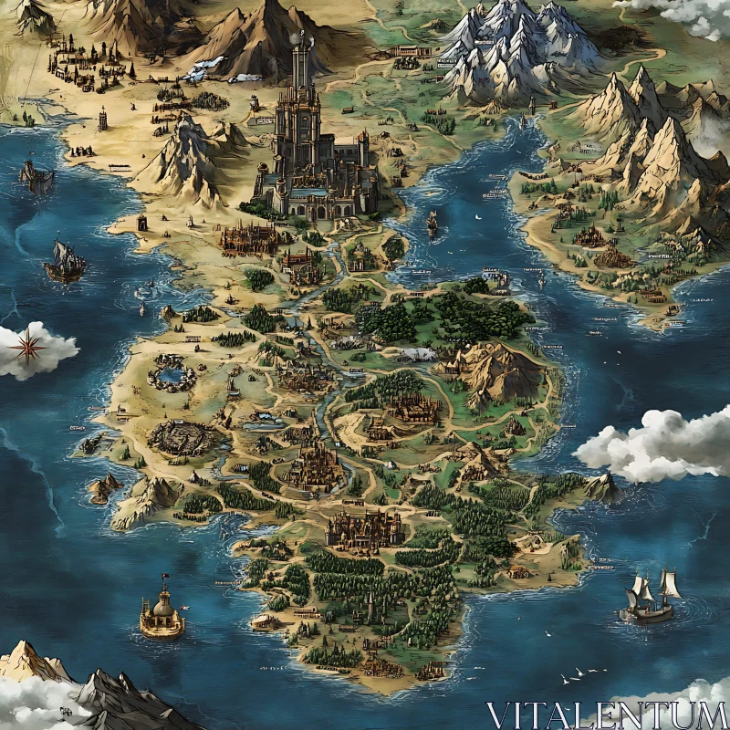 Detailed Cartographic Fantasy World Map AI Image