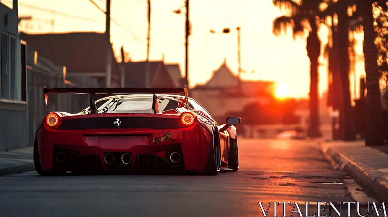 Luxury Red Car Parked on Street During Sunset AI Image