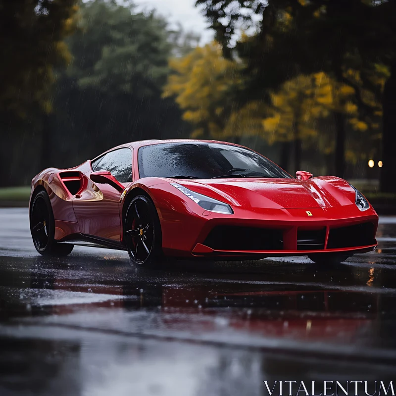 Luxurious Red Car Parked on Rain-Soaked Road AI Image