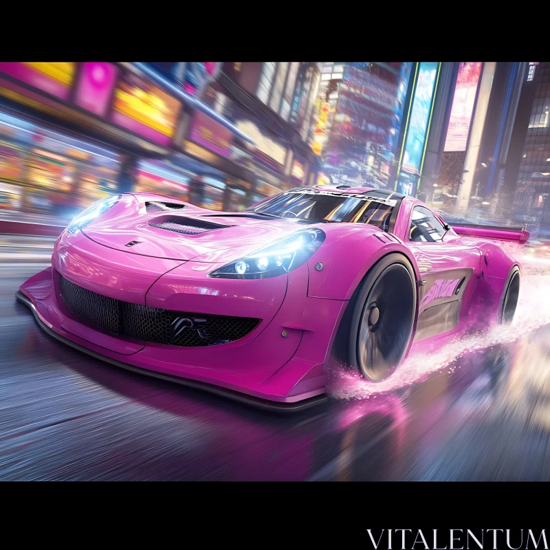 Speeding Pink Sports Car in Neon Cityscape AI Image