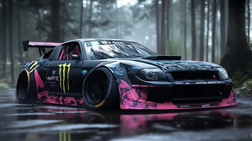 Sleek Racing Car in Forest with Custom Paint