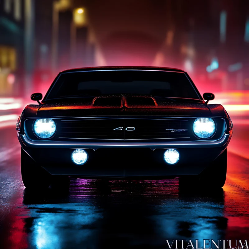 Retro Muscle Car with Headlights On in Night Cityscape AI Image