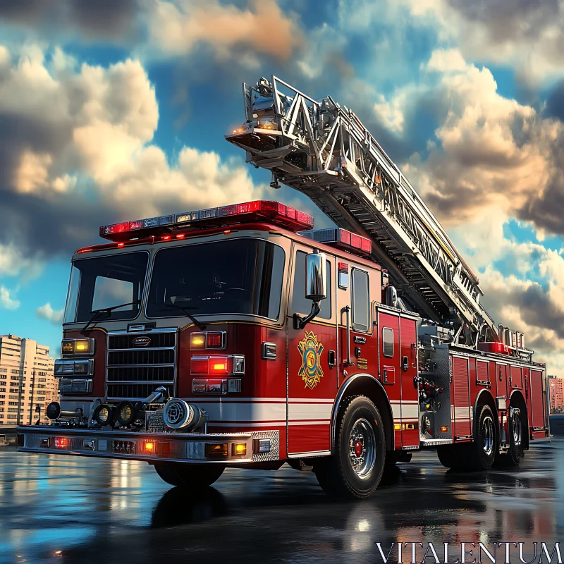 Emergency Fire Truck with Ladder in City View AI Image