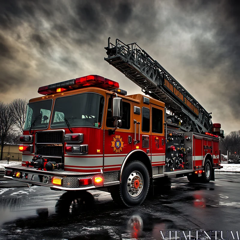 Firetruck on Alert Against Dark Clouds AI Image