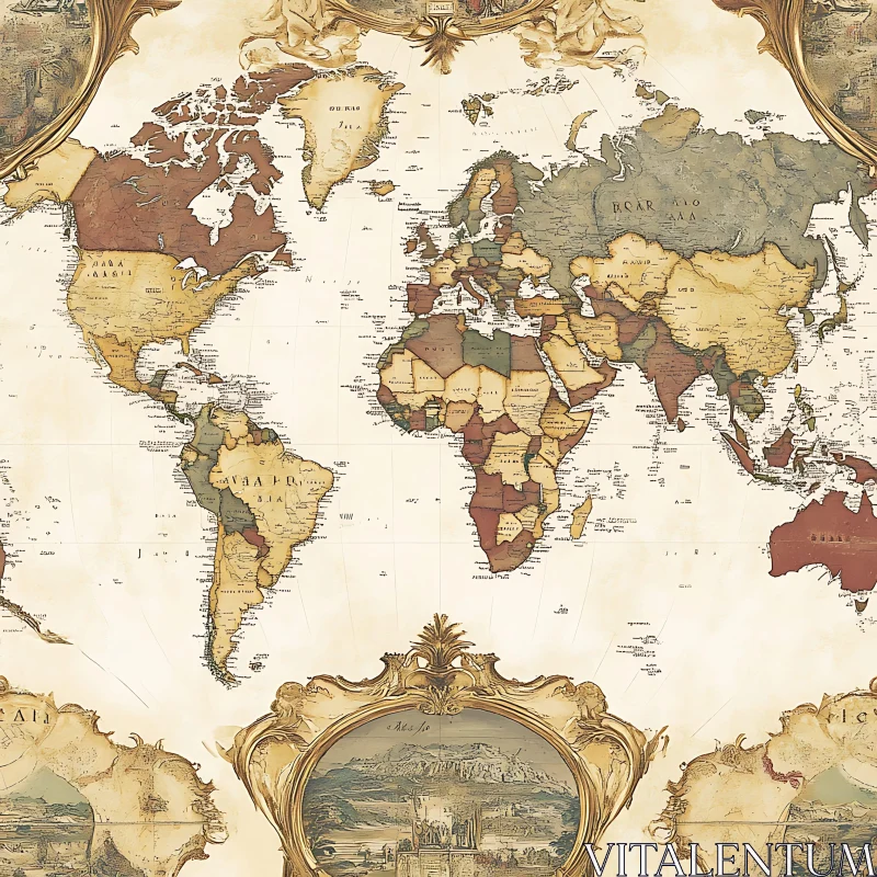 Vintage Earthy Tones World Map with Ornate Details AI Image