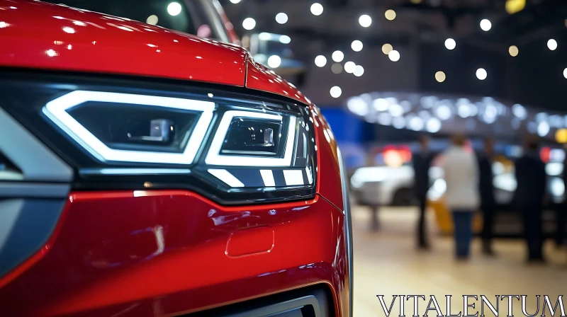 Sleek LED Headlights of a Red Car Displayed in Exhibition AI Image