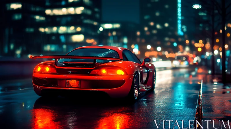 Urban Night Scene with a Red Sports Car AI Image