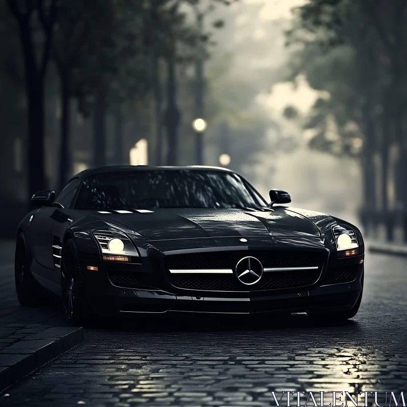 Sleek Mercedes-Benz on a Cobblestone Street at Dusk AI Image