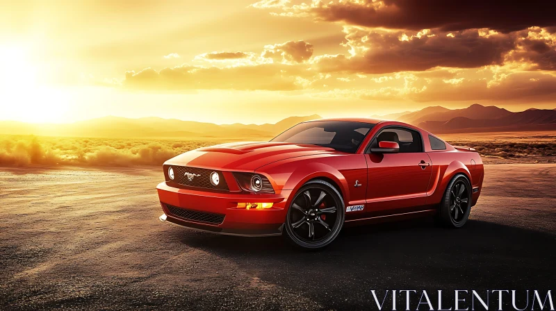 Red Mustang in Desert Sunset AI Image