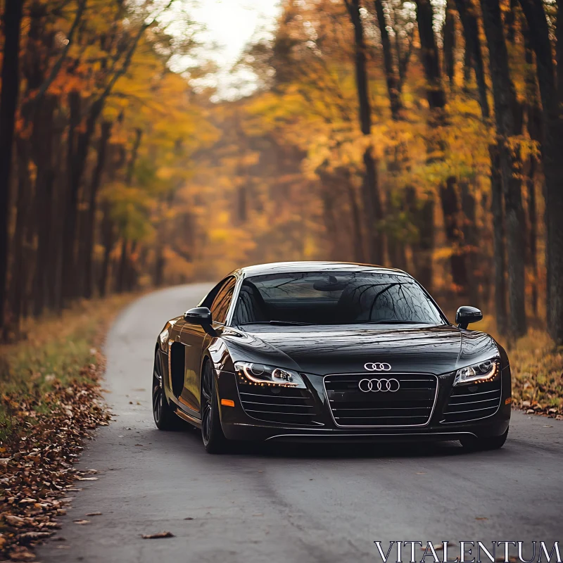 Sleek Sports Car on a Forest Road in Autumn AI Image