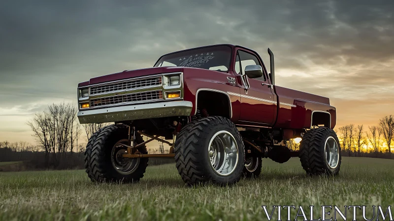 Classic Lifted Truck at Sunset in Open Field AI Image