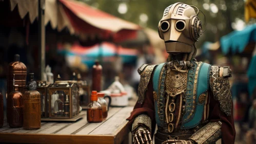 Steampunk Robot on Table: A Blend of Modern Robotics and Vintage Charm