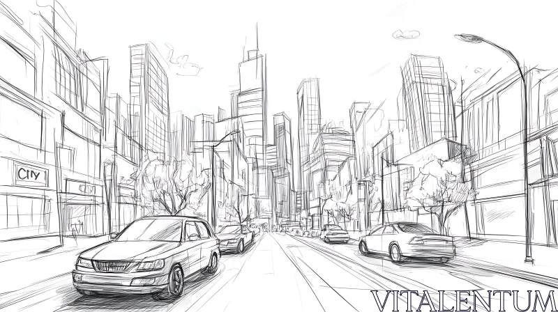 Pen Drawing of a Busy Street in a Modern City AI Image