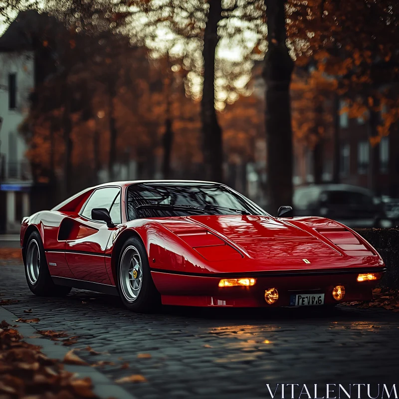 Vintage Red Automobile Amidst Fall Foliage AI Image