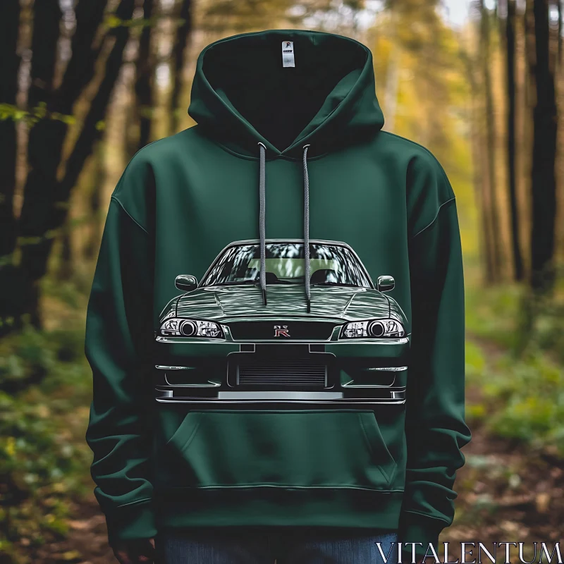 Green Hoodie with Car Emblem Illustrates Nature Fusion AI Image